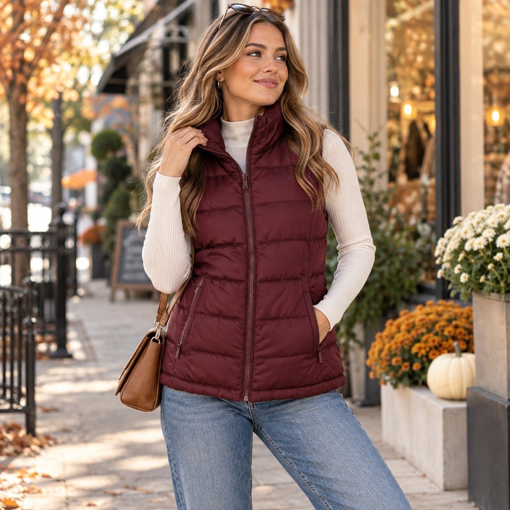 Jou Jou Women's Small Burgundy Puffer Vest Full Zip Quilted Y2K